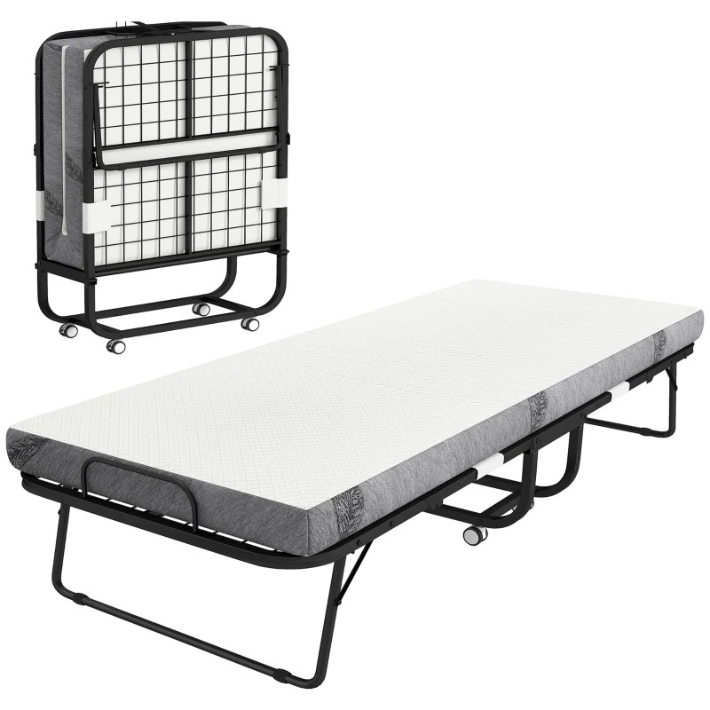 HOMCOM Folding Bed with Mattress for Adults, Twin Size, Portable Foldable Bed with Super Strong Steel Frame, 78.75" x 35.5", Fold Up, Roll Away & Hideaway, White