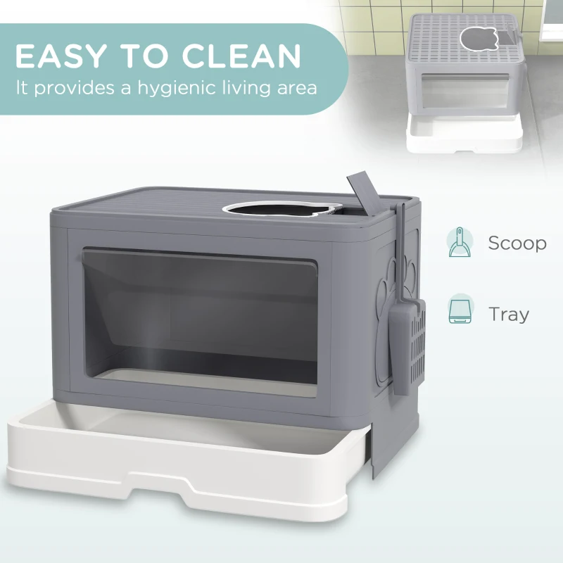 PawHut Cat Litter Box, Front Enter & Top Exit Cat Litter Tray with Scoop, Pull-out Tray, Easy to Clean, Grey