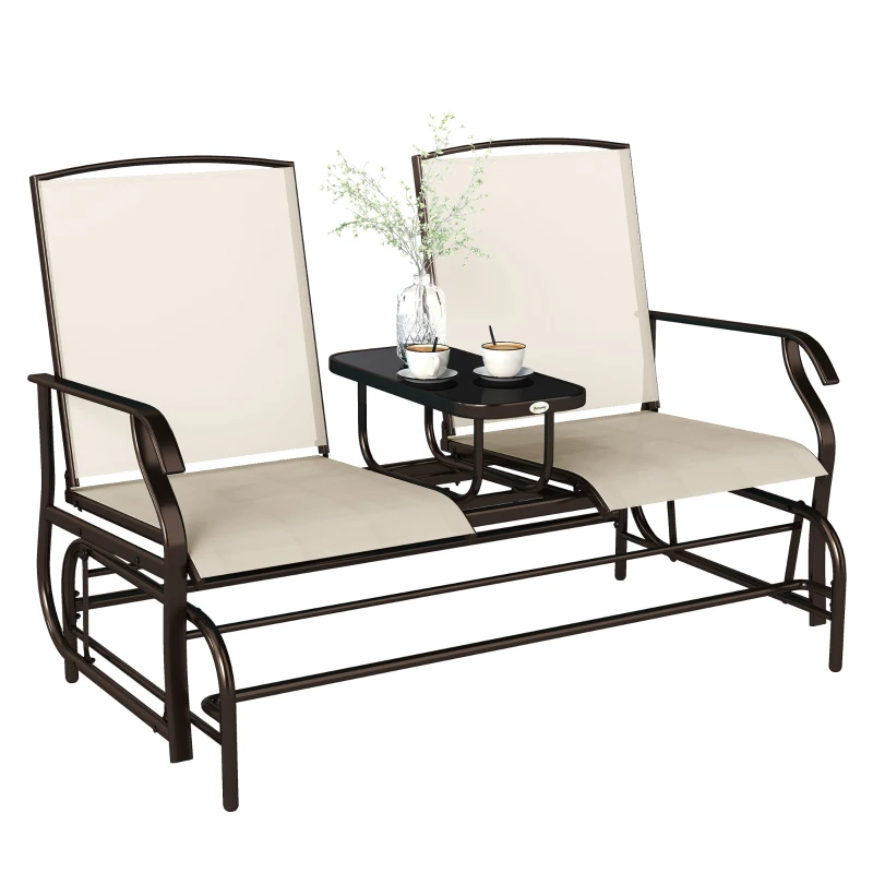 Outsunny Outdoor Glider Bench with Center Table, Metal Frame Patio Loveseat with Breathable Mesh Fabric and Armrests for Backyard Garden Porch, Beige