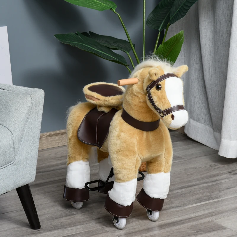 Qaba Ride on Horse, Plush Walking Horse Toy, Kids Riding Chair with Wheels for Kids 3-8 Years, Light Brown