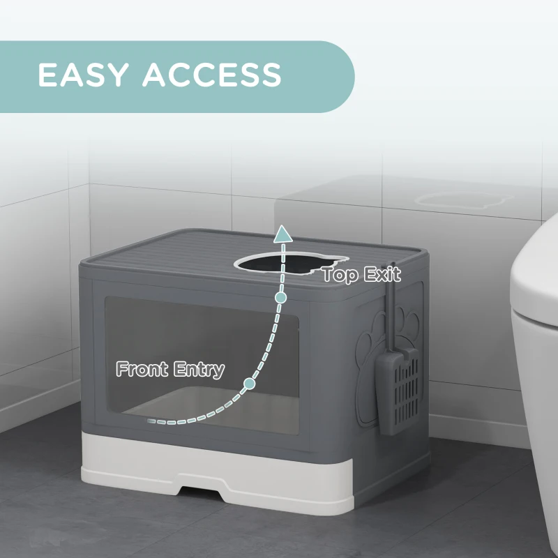 PawHut Cat Litter Box, Front Enter & Top Exit Cat Litter Tray with Scoop, Pull-out Tray, Easy to Clean, Grey