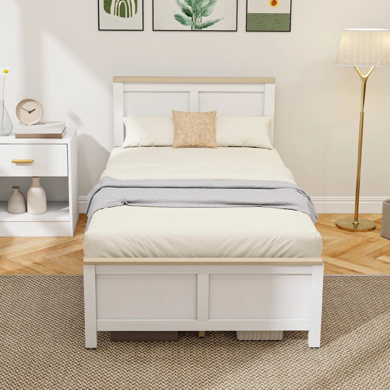 HOMCOM Twin Bed Frame with Headboard, Modern Platform Bed Frame with Wooden Slats, No Box Spring Needed, Easy Assembly, White