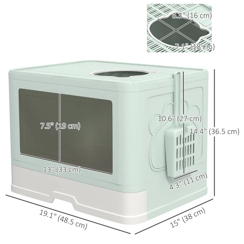PawHut Cat Litter Box, Front Enter & Top Exit Cat Litter Tray with Scoop, Pull-out Tray, Easy to Clean, Green