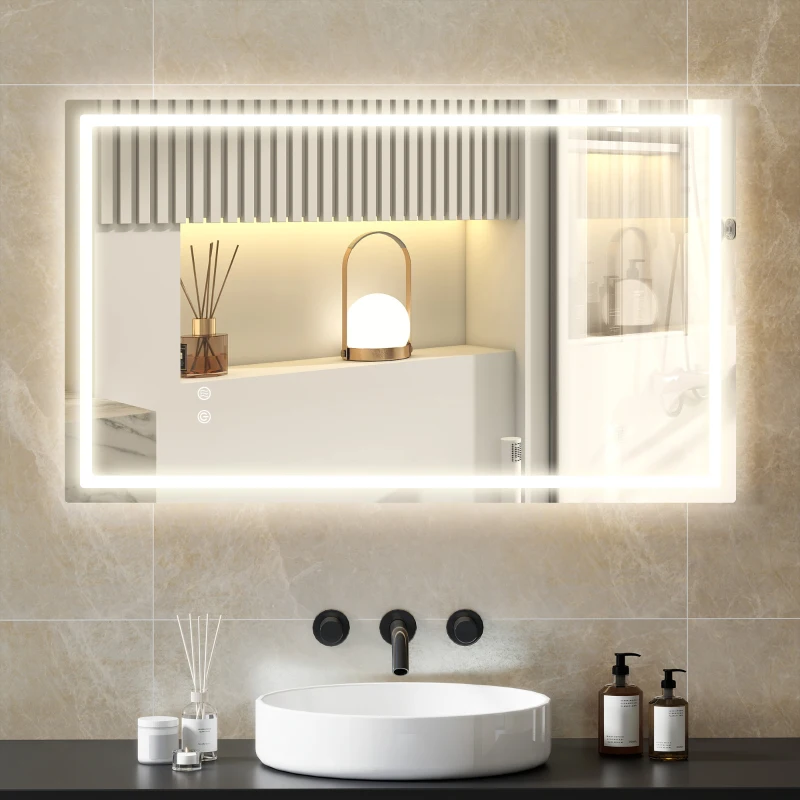 HOMCOM 39" x 24" Bathroom Mirror with LED Lights, Wall Mounted Vanity Mirror with Anti-Fog Pad and Touch Button, Clear