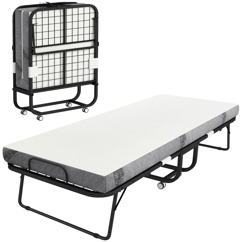 HOMCOM Folding Bed with Mattress for Adults, Single Size, Portable Foldable Bed with Super Strong Steel Frame, 78.75" x 31.5", Fold Up, Roll Away & Hideaway, White
