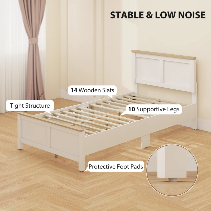 HOMCOM Twin Bed Frame with Headboard, Modern Platform Bed Frame with Wooden Slats, No Box Spring Needed, Easy Assembly, White