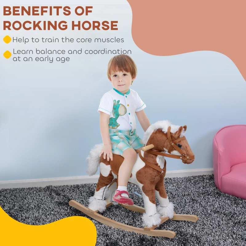 Qaba Kids Rocking Horse Plush Animal on Wooden Rockers with Sounds, Wooden Base, Baby Rocking Chair, Brown and White