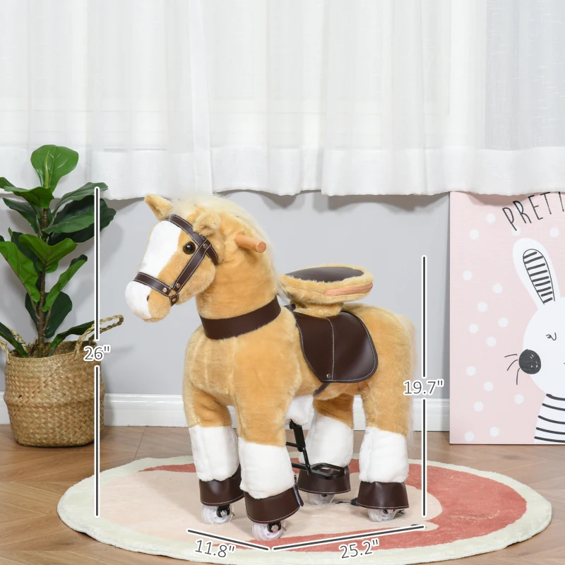 Qaba Ride on Horse, Plush Walking Horse Toy, Kids Riding Chair with Wheels for Kids 3-8 Years, Light Brown