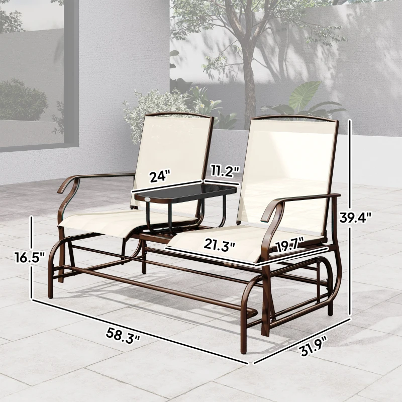 Outsunny Outdoor Glider Bench with Center Table, Metal Frame Patio Loveseat with Breathable Mesh Fabric and Armrests for Backyard Garden Porch, Beige