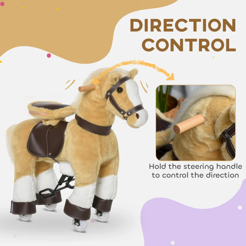 Qaba Ride on Horse, Plush Walking Horse Toy, Kids Riding Chair with Wheels for Kids 3-8 Years, Light Brown