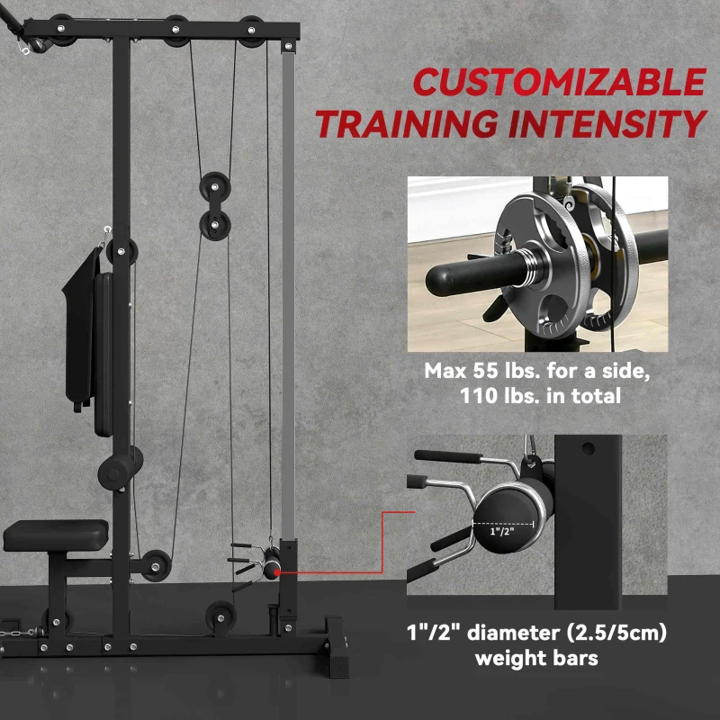 Soozier Lat Pull Down Machine, High / Low Pulley Machine with Adjustable Seat and Flip-Up Footplate, Black