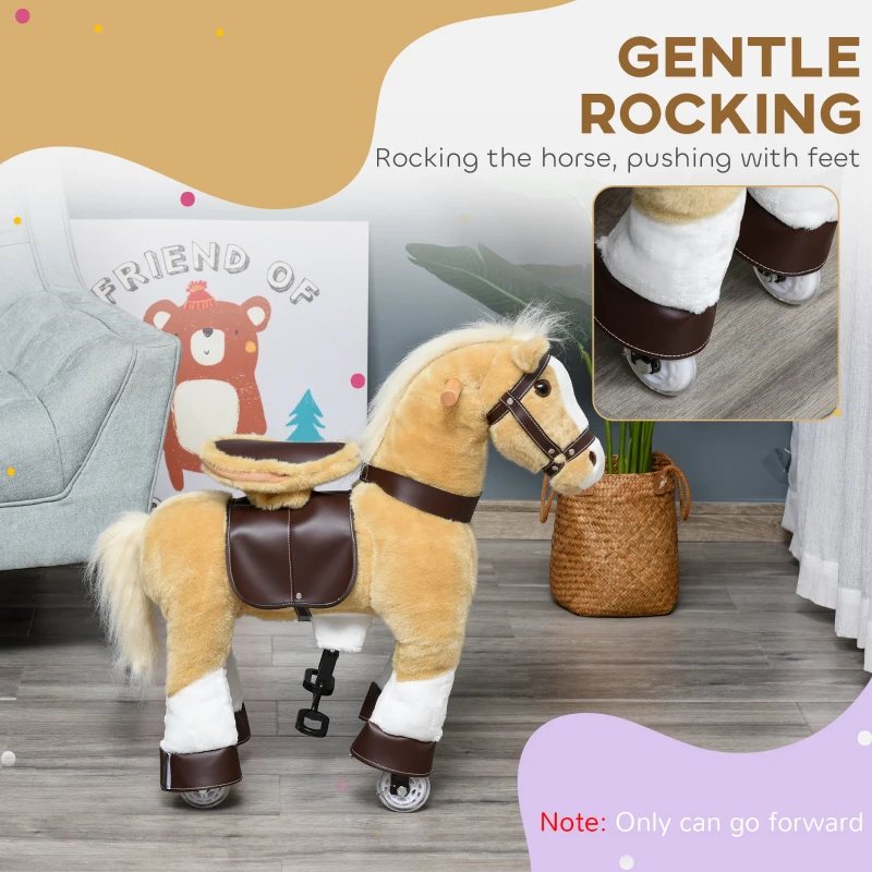 Qaba Ride on Horse, Plush Walking Horse Toy, Kids Riding Chair with Wheels for Kids 3-8 Years, Light Brown