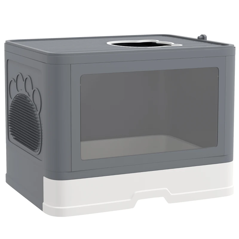 PawHut Cat Litter Box, Front Enter & Top Exit Cat Litter Tray with Scoop, Pull-out Tray, Easy to Clean, Grey