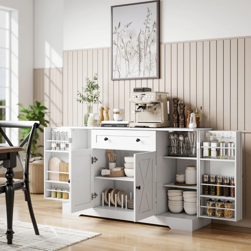HOMCOM Sideboard Buffet Cabinet, Farmhouse Coffee Bar Cabinet with Door Shelves, Adjustable Shelves, Drawer, Barn Doors, White