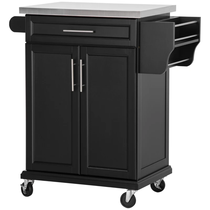 HOMCOM Kitchen Island on Wheels, Rolling Kitchen Cart with Stainless Steel Countertop, Drawer, Towel Rack and Spice Rack, Utility Storage Trolley, Black
