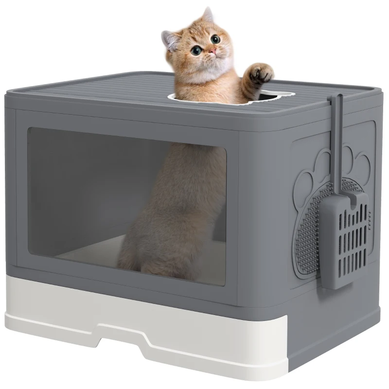 PawHut Cat Litter Box, Front Enter & Top Exit Cat Litter Tray with Scoop, Pull-out Tray, Easy to Clean, Grey