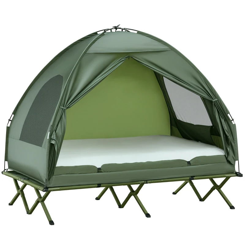 Outsunny 2-Person Tent Cot, 4-in-1 Folding Tent Combo with Air Mattress, Foot Pump, Carry Bag, Off Ground Travel Cot for Camping, Hiking, Backpacking