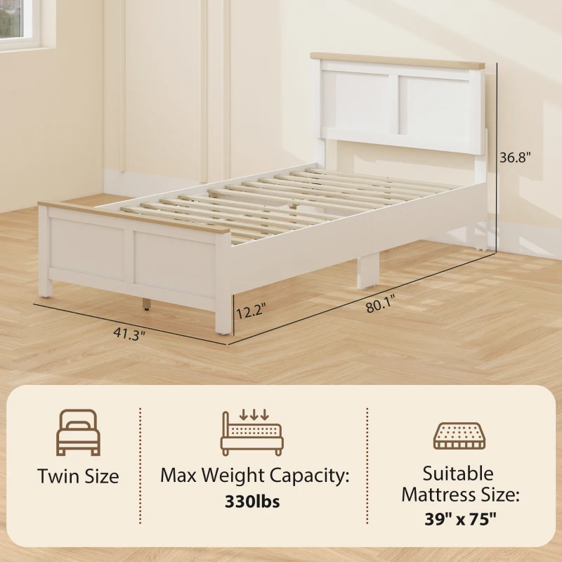 HOMCOM Twin Bed Frame with Headboard, Modern Platform Bed Frame with Wooden Slats, No Box Spring Needed, Easy Assembly, White