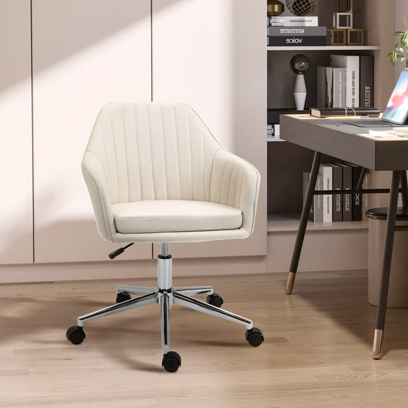 Vinsetto Mid-Back Task Chair, Fabric Home Office Chair, Swivel Desk Chair with Tub Shape Design & Lined Pattern Back for Living Room, Bedroom, Beige