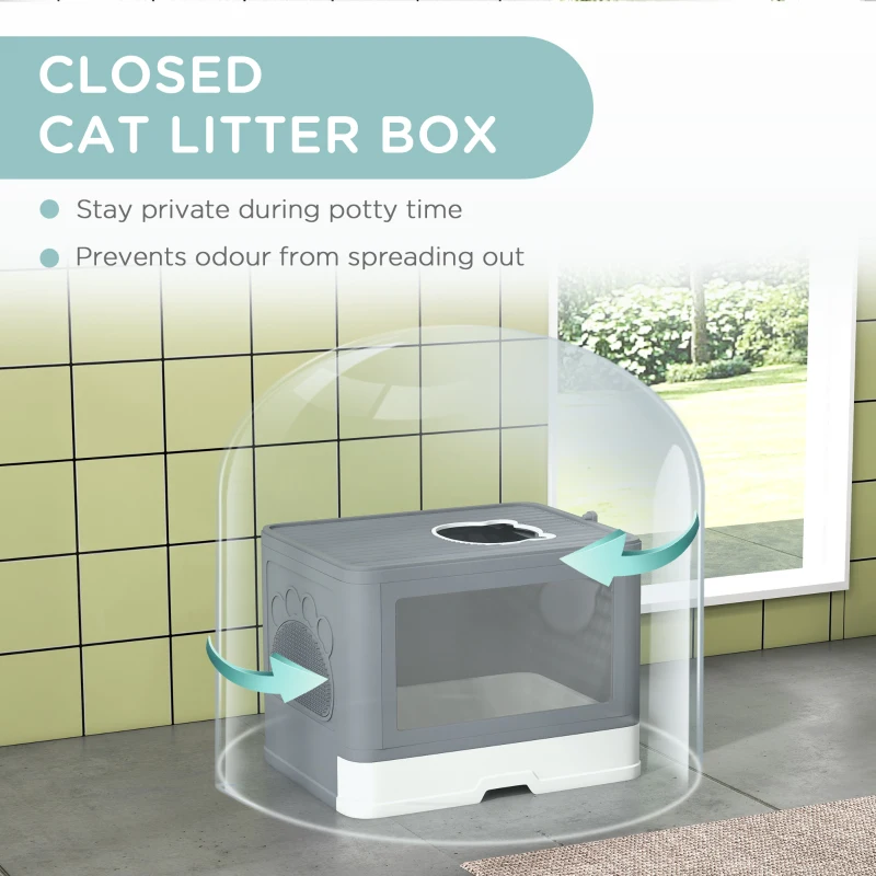 PawHut Cat Litter Box, Front Enter & Top Exit Cat Litter Tray with Scoop, Pull-out Tray, Easy to Clean, Grey