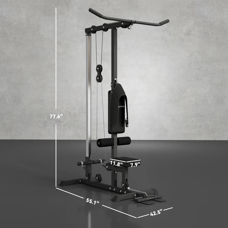 Soozier Lat Pull Down Machine, High / Low Pulley Machine with Adjustable Seat and Flip-Up Footplate, Black