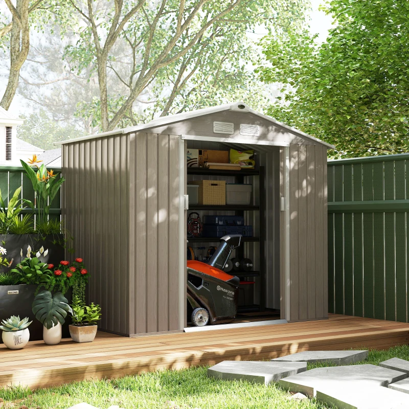 Outsunny 7' x 4' x 6' Garden Storage Shed Outdoor Patio Metal Tool Storage House w/ Foundation Kit and Double Doors Light Brown