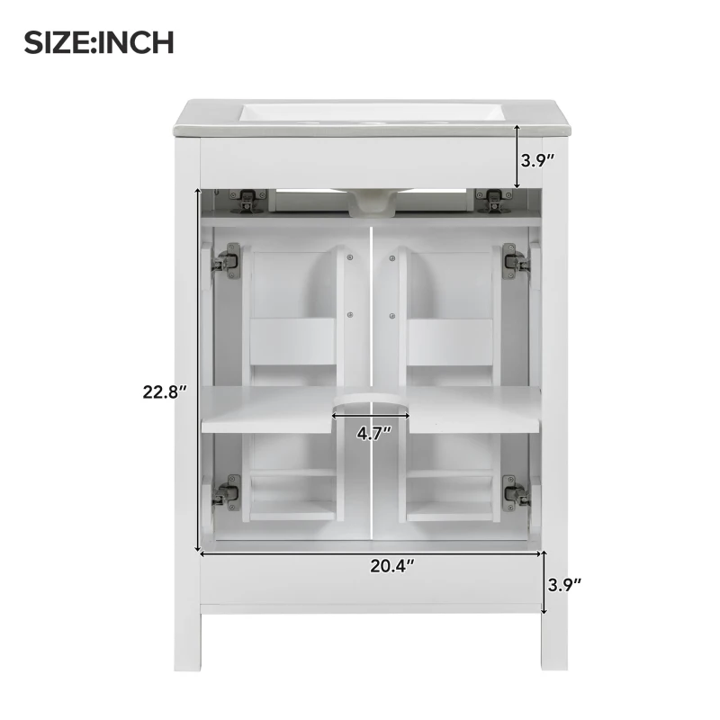 Space-Saving Design Bathroom Vanity Combo with Ceramic Sink, Storage Cabinet with Wood Frame, 24" L x 18.5" W x 34" H, White