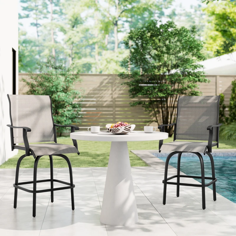 Outsunny Outdoor Bar Stools Set of 2, Swivel Bar Height Chairs with High Back, Curved Armrests and Steel Frame, Light Grey