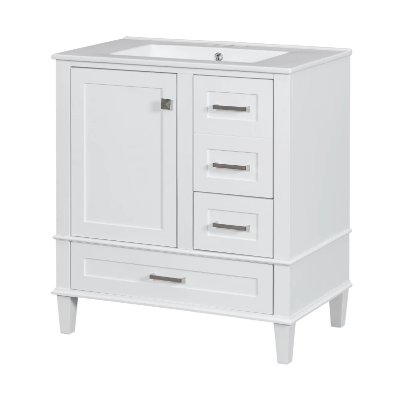 Modern Bathroom Vanity with Sink Combo, Solid Wood Frame, Cabinet with Soft-Close Door and 3 Drawers, 30" L x 18" W x 34" H, White