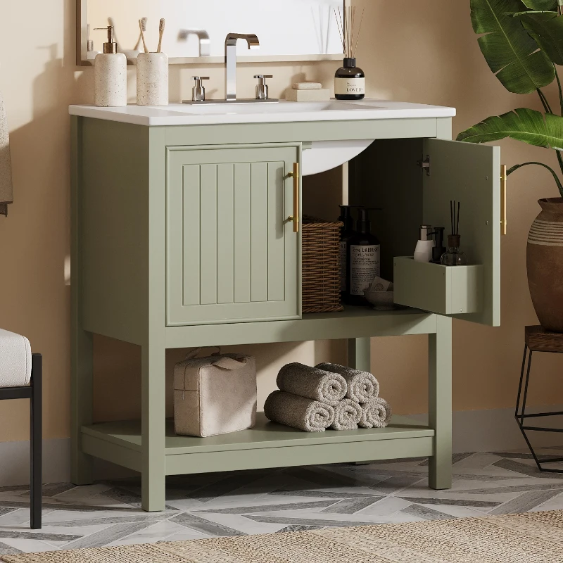 30" Bathroom Vanity with Ceramic Sink, Ample Storage, Soft Close Doors, Cabinet with Solid Wood frame, 30" L x 18.5" W x 34" H, Green+White