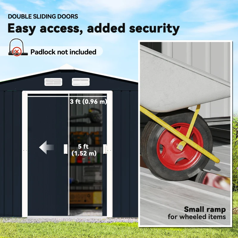 Outsunny 9.1'x6.4'x6.3' Garden Storage Shed w/ Foundation Kit Metal Tool Storage House w/ Double Doors Dark Grey