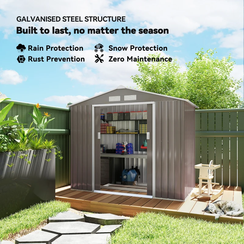 Outsunny 7' x 4' x 6' Metal Storage Shed Outdoor Patio Metal Tool Storage House w/ Foundation Kit and Double Doors Light Brown