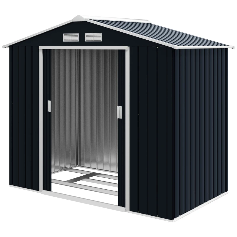 Outsunny 7' x 4' x 6' Garden Storage Shed Outdoor Patio Metal Tool Storage House w/ Foundation Kit and Double Doors Dark Grey