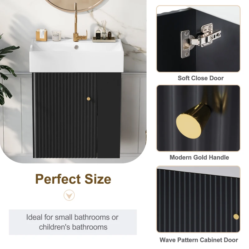 Modern Floating Bathroom Vanity with Ceramic Basin and Right Side Storage, Cabinet with Gold Handle, 21.5" L x 12" W x 26.5" H, Black+White