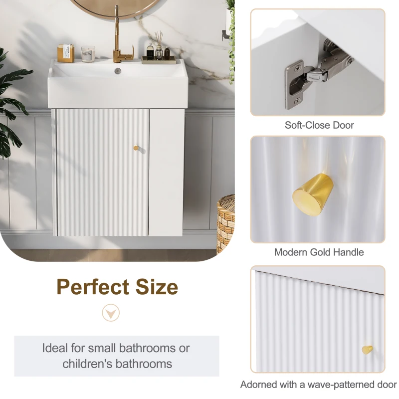 Modern Floating Bathroom Vanity with Ceramic Basin and Right Side Storage, Cabinet with Rose Gold Handle, 21.5" L x 12" W x 26.5" H, White