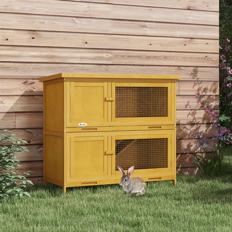 PawHut Wooden Bunny Hutch with Ramp, Indoor/Outdoor, Yellow