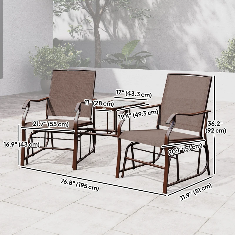 Outsunny Patio Double Glider Chair with Glass Top Center Table, Outdoor Glider Chair with High Back,  Sling Fabric for Garden, Bench, Brown