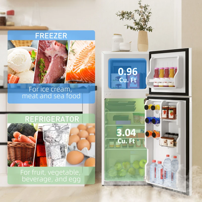HOMCOM Small Fridge with Freezer, 4 Cu Ft Refrigerator with Reversible Doors, White