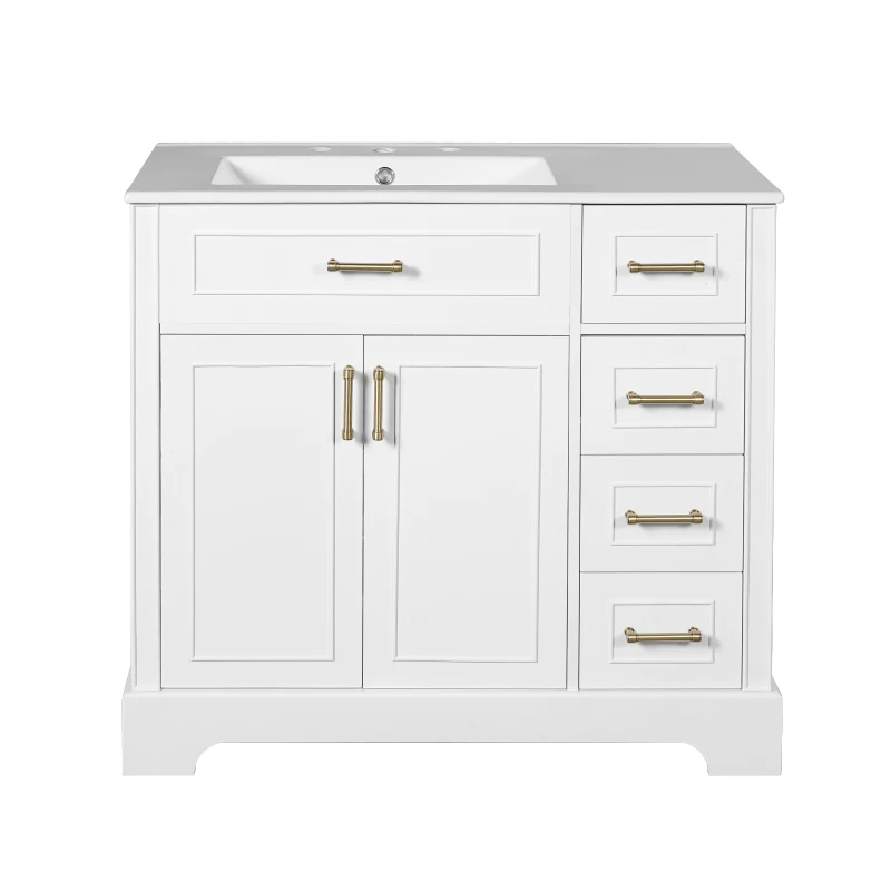 Elegant Bathroom Vanity with Ceramic Sink, Soft-Close Doors and Drawers, Cabinet with Solid Wood Frame, 36" L x 18.5" W x 34" H, White