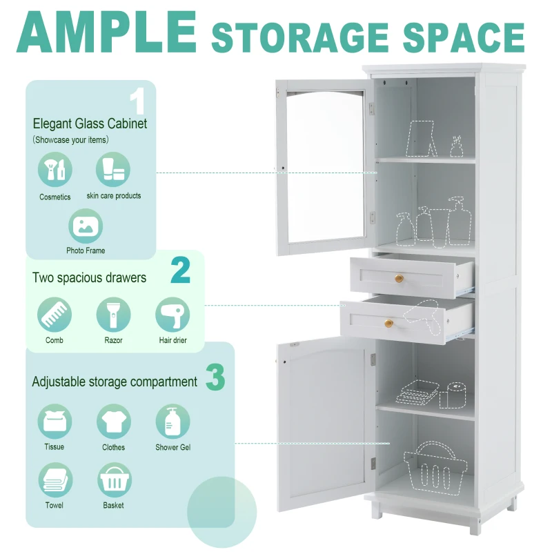 Tall Bathroom Storage Cabinet with Glass Doors, Free-Standing with Adjustable Shelves and Drawers, 18" L x 14" W x 63" H, White