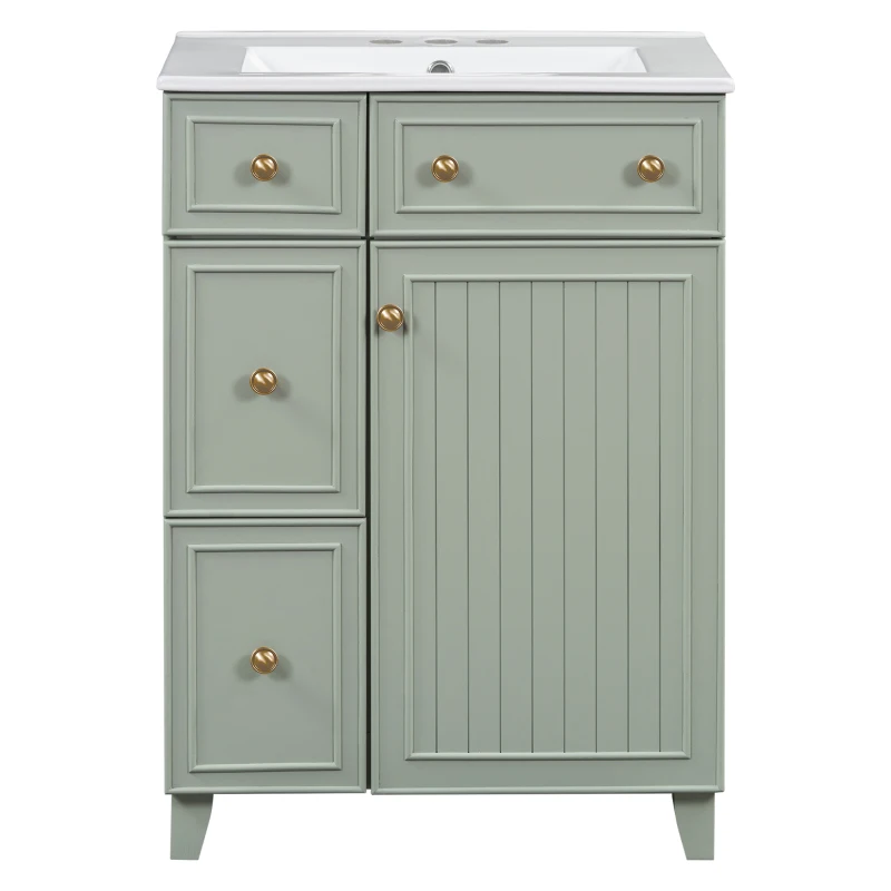 24" Bathroom Vanity with 4 Drawers and 1 Door, Ceramic Sink, Cabinet with Solid Wood Construction, 24" L x 18.5" W x 34.5" H, Green+White