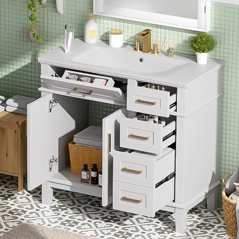 Modern Bathroom Vanity with Ceramic Sink, Soft Close Doors, Space-Saving Design and 4 Drawers for Storage, 36" L x 18.5" W x 35" H, White