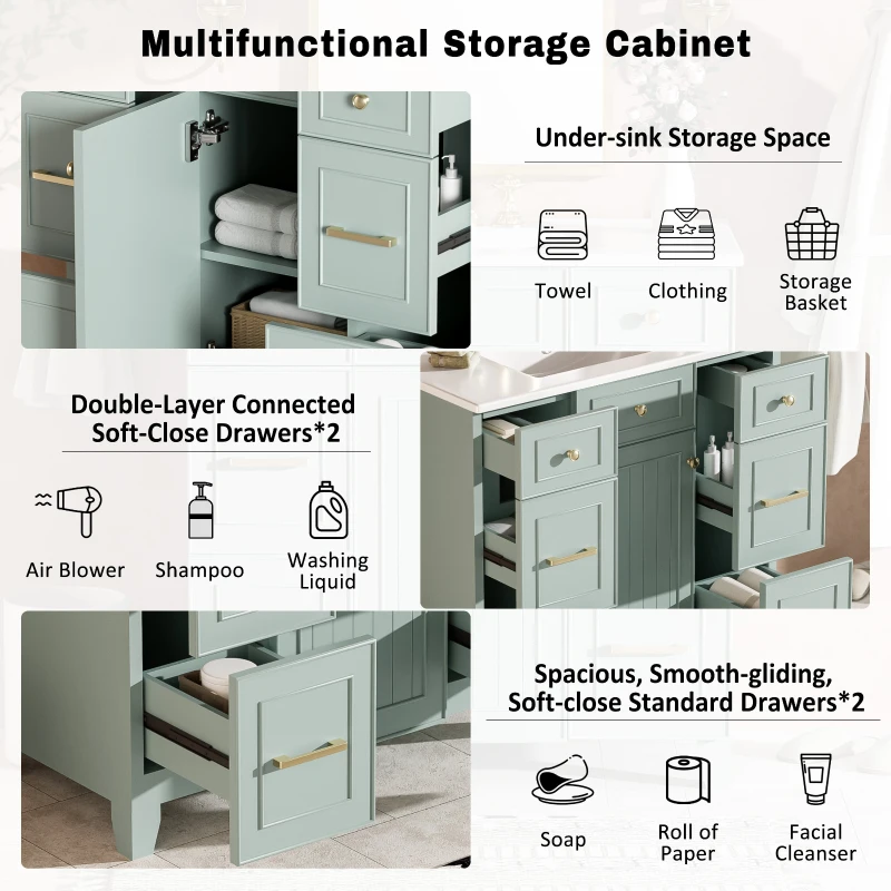 36" Bathroom Vanity with Ceramic Sink, Soft-Close Doors and Drawers, Storage Cabinet with Adjustable Shelf, 36" L x 18" W x 34" H, Green