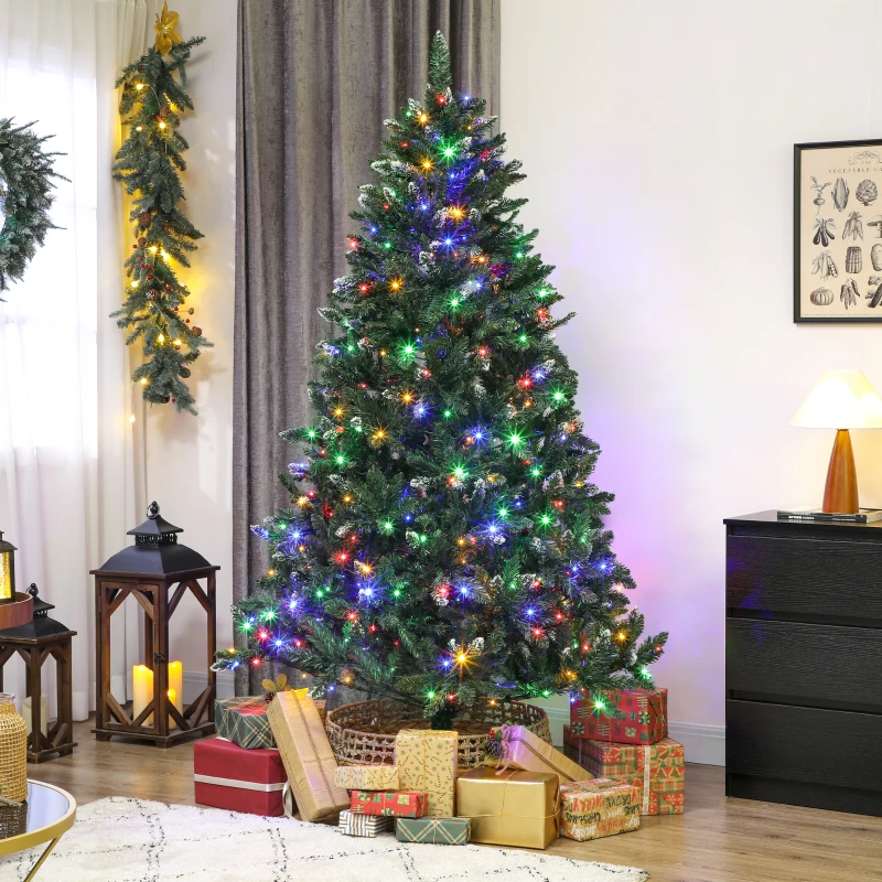 HOMCOM 7 ft Frosted Prelit Christmas Tree, Full Spruce Xmas Tree with Dual Colour LED Light, Hinged Xmas Tree, Easy Assembly