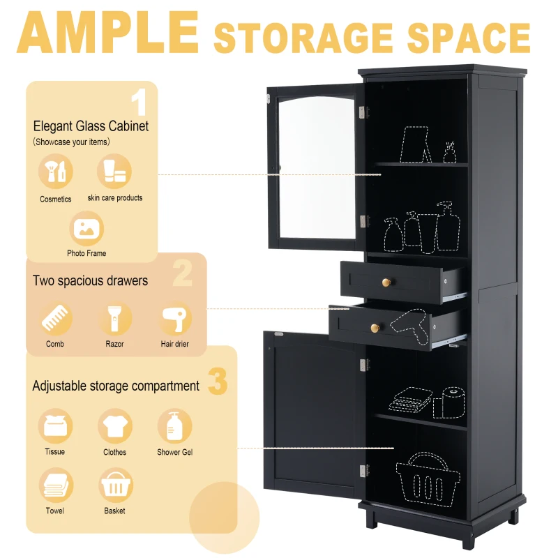 Tall Bathroom Storage Cabinet with Glass Doors, Free-Standing Design, Adjustable Shelves for Stylish Organization, 18" L x 14" W x 63" H, Black