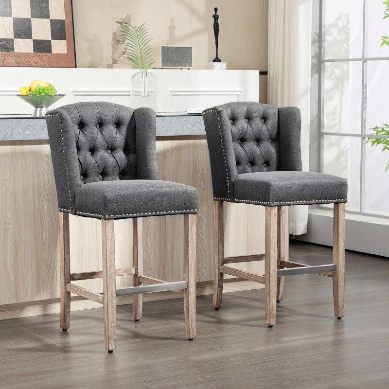 HOMCOM Counter Bar Stools Set of 2, Counter Height Barstools with Nailhead Trim, Tufted Back and Wood Legs, Dark Gray