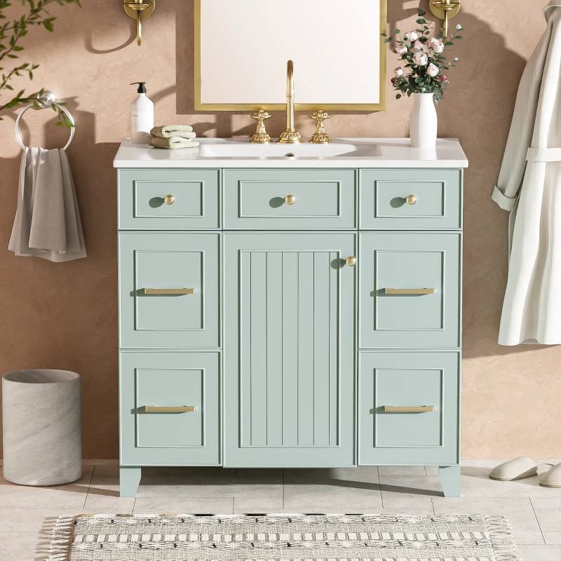 36" Bathroom Vanity with Ceramic Sink, Soft-Close Doors and Drawers, Storage Cabinet with Adjustable Shelf, 36" L x 18" W x 34" H, Green