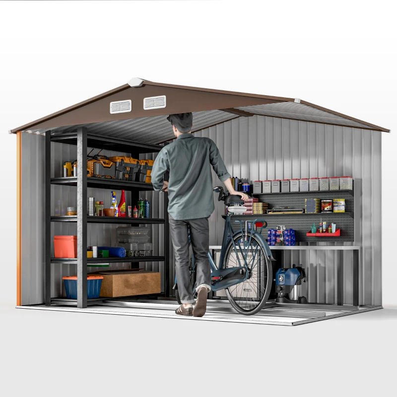 Outsunny 9.1'x6.4'x6.3' Garden Storage Shed w/ Floor Foundation Metal Tool Storage House w/ Double Doors Dark Grey Yellow