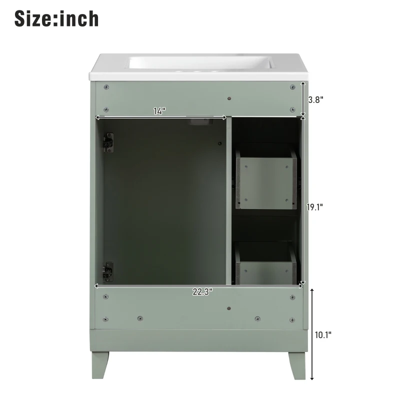24" Bathroom Vanity with 4 Drawers and 1 Door, Ceramic Sink, Cabinet with Solid Wood Construction, 24" L x 18.5" W x 34.5" H, Green+White