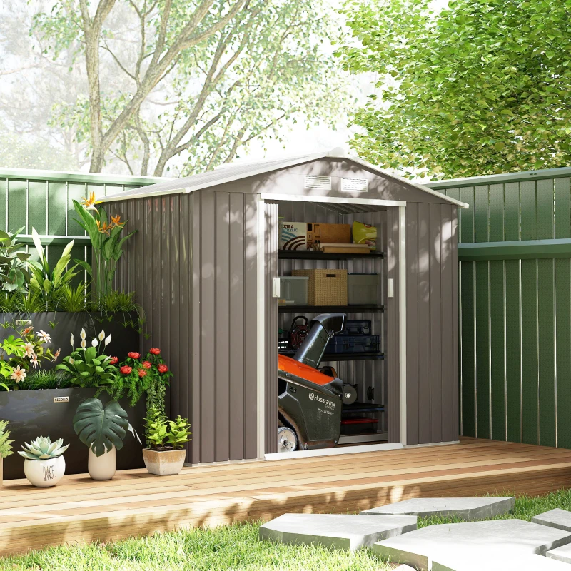 Outsunny 7' x 4' x 6' Metal Storage Shed Outdoor Patio Metal Tool Storage House w/ Foundation Kit and Double Doors Light Brown